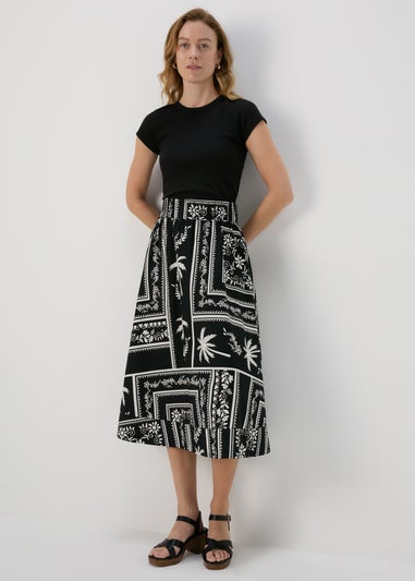 Black Mono Print Poplin Midi Skirt