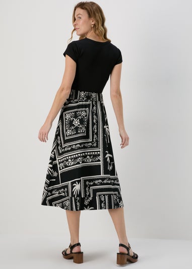 Black Mono Print Poplin Midi Skirt