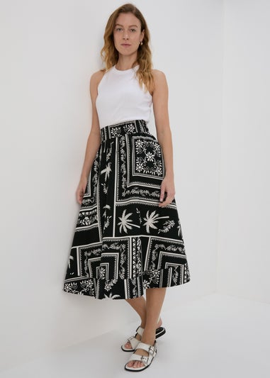 Black Mono Print Poplin Midi Skirt