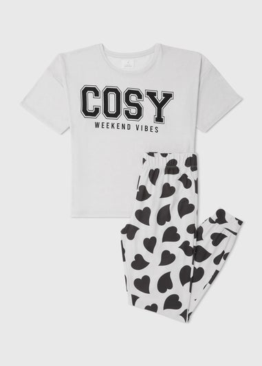 Black White Cosy College Pyjama Set Matalan