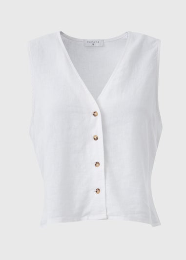 White Solid Linen Button Vest