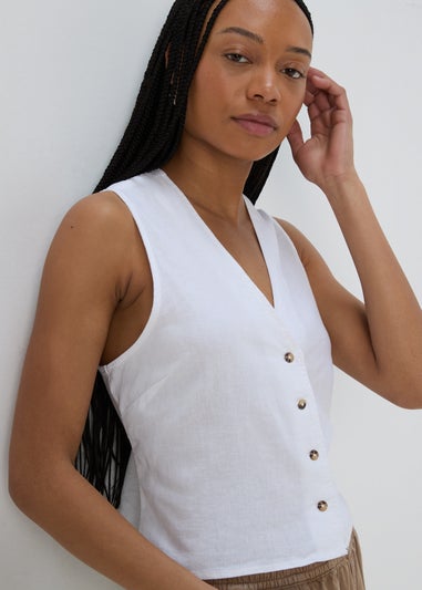 White Solid Linen Button Vest