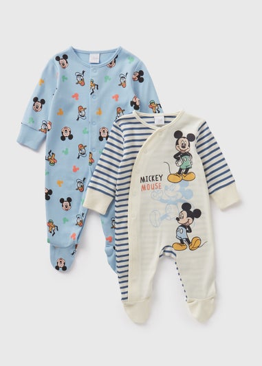 Disney 2 Pack Baby Blue Mickey Mouse Sleepsuits (Newborn-18mths)