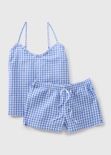 Blue Gingham Knit Textured Cami Pyjama Set