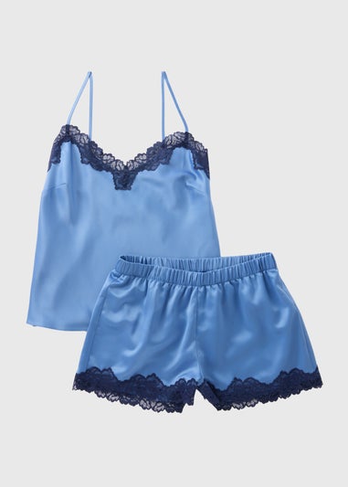 Blue Contrast Lace Satin Cami Set