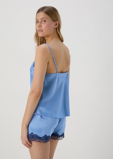 Blue Contrast Lace Satin Cami Set