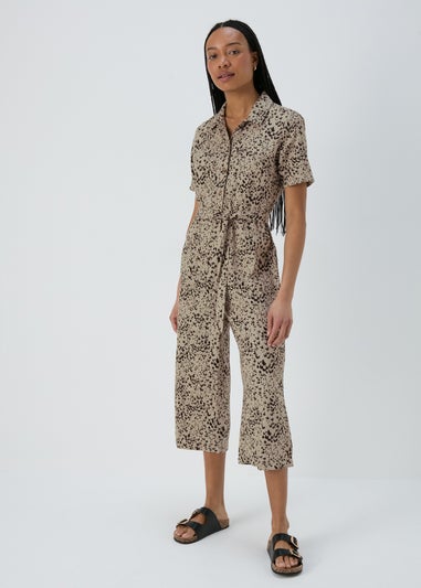 Brown Animal Print Linen Jumpsuit