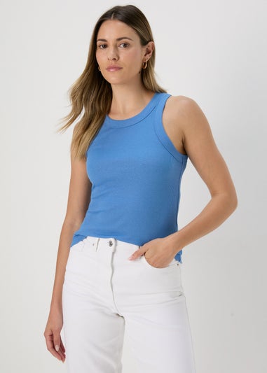 Blue Plain High Neck Ribbed Vest