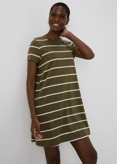 Khaki Stripe Jersey Mini T-Shirt Dress