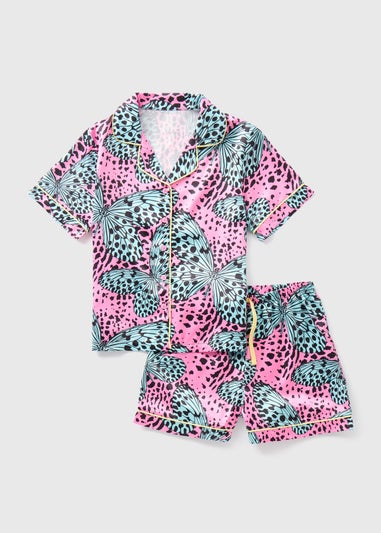 Girls Blue Butterfly Print Satin Pyjama Set (4-13yrs)