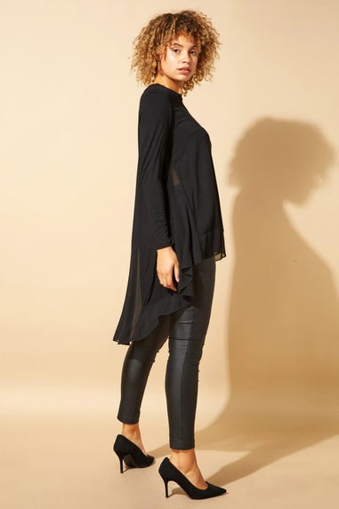 Roman Black Long Sleeve Floaty Dipped Hem Chiffon Top