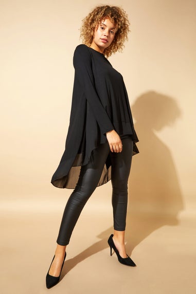 Roman Black Long Sleeve Floaty Dipped Hem Chiffon Top