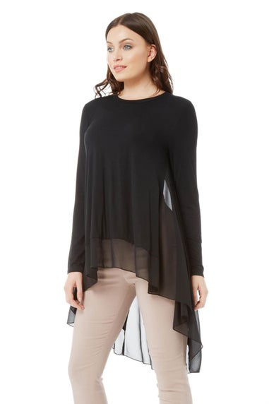 Roman Black Long Sleeve Floaty Dipped Hem Chiffon Top