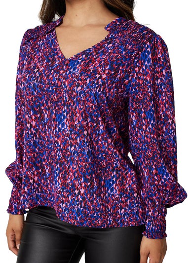 Izabel London Blue Printed Shirred Shoulder Blouse