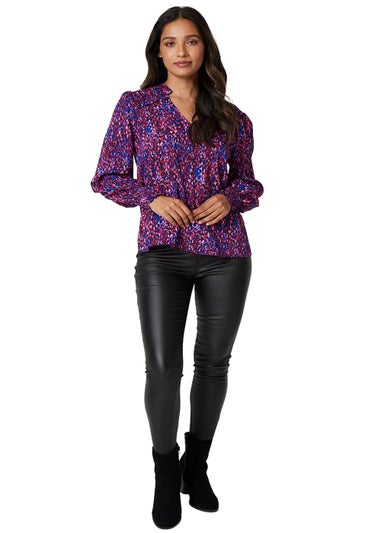 Izabel London Blue Printed Shirred Shoulder Blouse