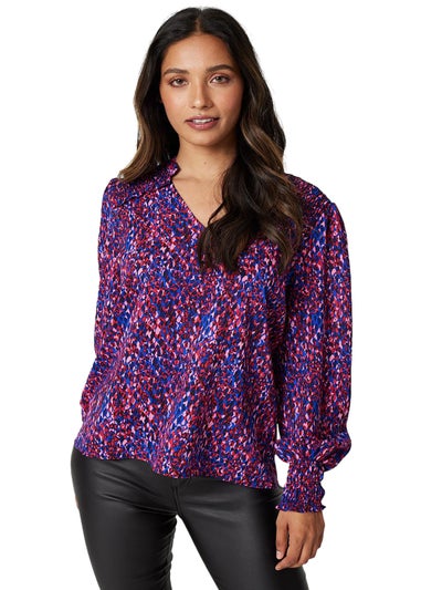 Izabel London Blue Printed Shirred Shoulder Blouse