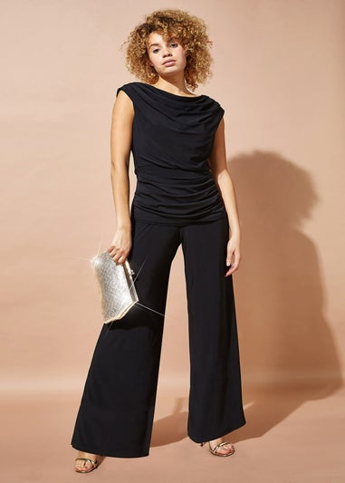 Roman Black Cowl Neck Ruched Stretch Jumpsuit