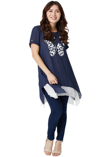 Izabel London Navy Butterfly Print Layered Tunic Blouse