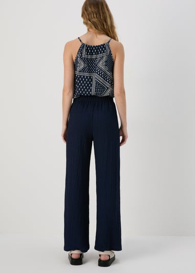 Navy Textured Wide Leg Co Ord Trousers