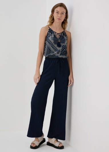 Navy Textured Wide Leg Co Ord Trousers