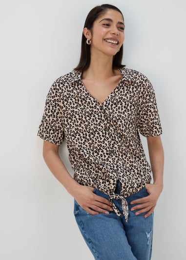 Brown Animal Print Tie Front Viscose Shirt