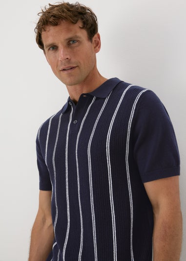 Navy Stripe Texture Knitted Polo Shirt