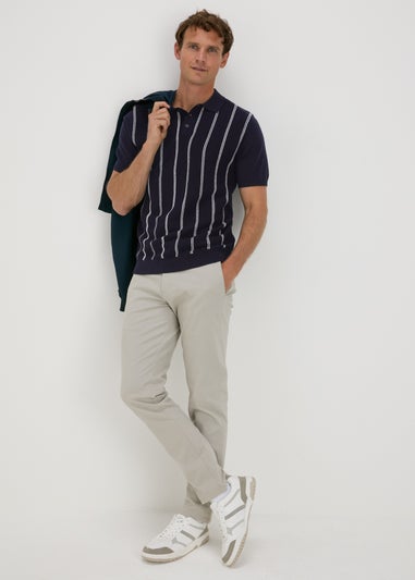 Navy Stripe Texture Knitted Polo Shirt