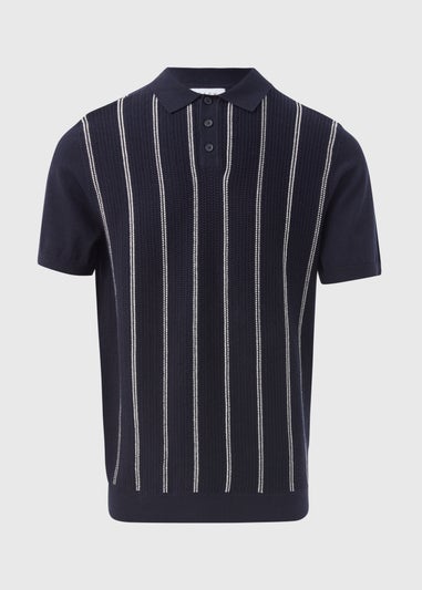 Navy Stripe Texture Knitted Polo Shirt