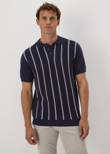 Navy Stripe Texture Knitted Polo Shirt