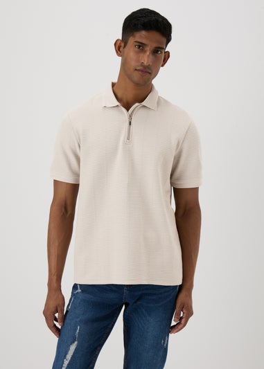 Ecru Textured Zip Polo Shirt