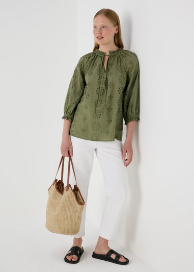 Khaki  Broid Peasant Blouse Top