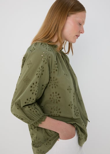 Khaki  Broid Peasant Blouse Top