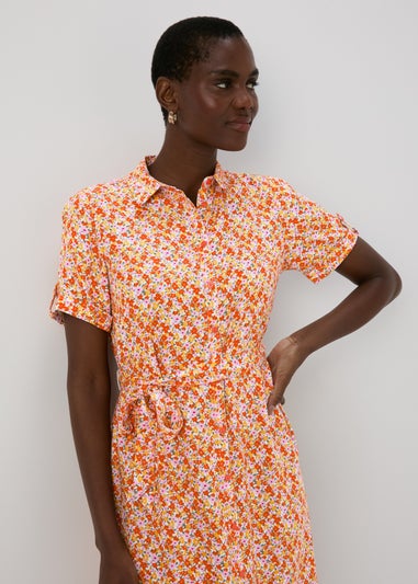 Orange Floral Viscose Shirt Dress