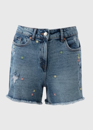 Mid Wash Embroidered Denim Shorts