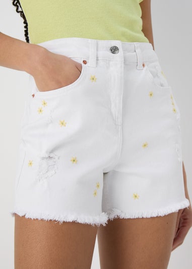 Ecru Embroidered Denim Shorts