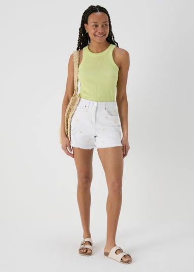 Ecru Embroidered Denim Shorts