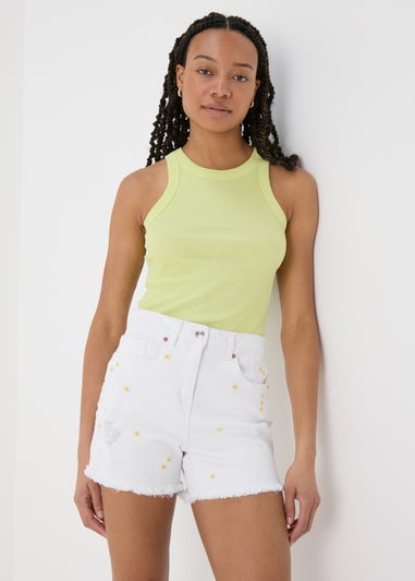 Ecru Embroidered Denim Shorts