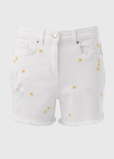 Ecru Embroidered Denim Shorts