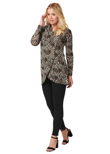 Izabel London Beige Leopard Print Cowl Neck Wrap Top