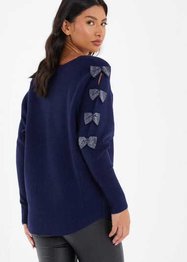 Quiz Blue Light Knit Diamante Bow Sleeve Jumper