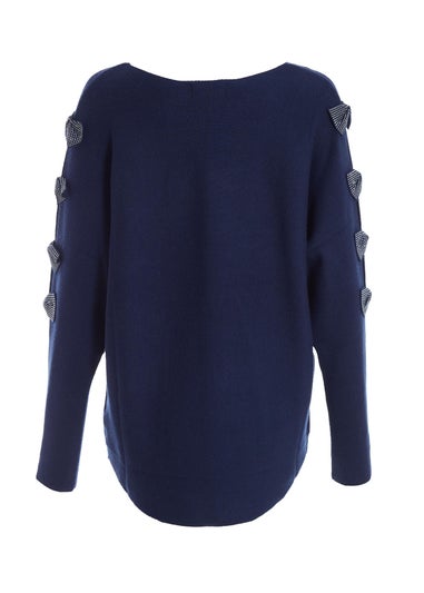 Quiz Blue Light Knit Diamante Bow Sleeve Jumper