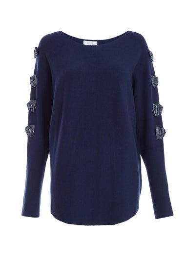 Quiz Blue Light Knit Diamante Bow Sleeve Jumper