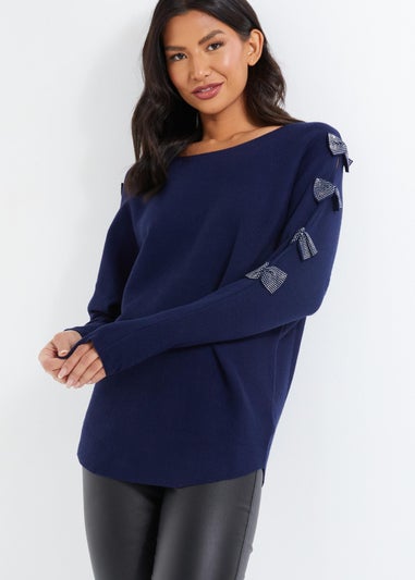 Quiz Blue Light Knit Diamante Bow Sleeve Jumper