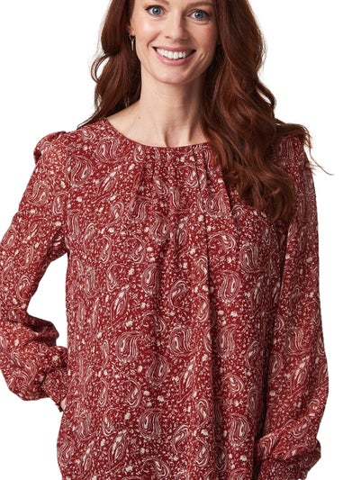 Izabel London Red Printed Shirred Cuff Blouse Top