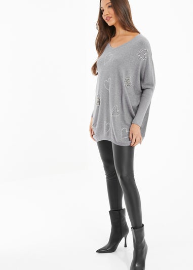 Quiz Grey Diamante Heart Jumper