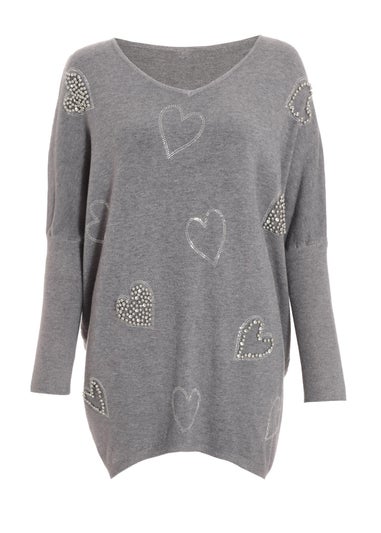 Quiz Grey Diamante Heart Jumper