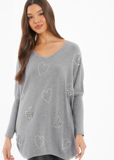 Quiz Grey Diamante Heart Jumper