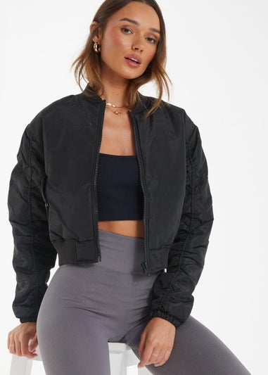 Quiz Black Ruched Sleeve Bomber Jacket