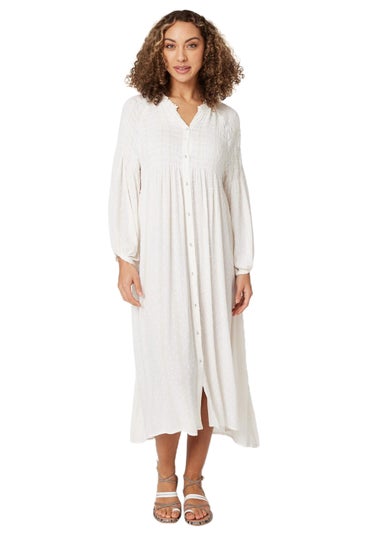 Izabel London White Smocked Button Front Midi Dress