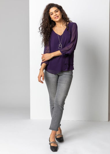 Roman Purple Necklace Trim Jersey 3/4 Sleeve Chiffon Top